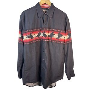 Cumberland Western Cowboy Rider Print Long Sleeve Button Up Shirt Rodeo XL‎